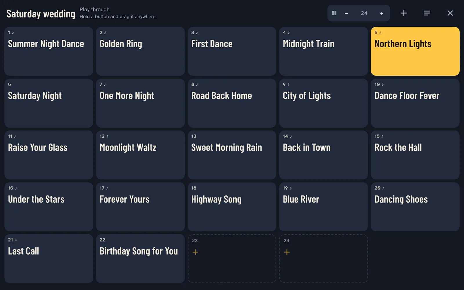 A wedding playlist as big buttons, the song playing in yellow.