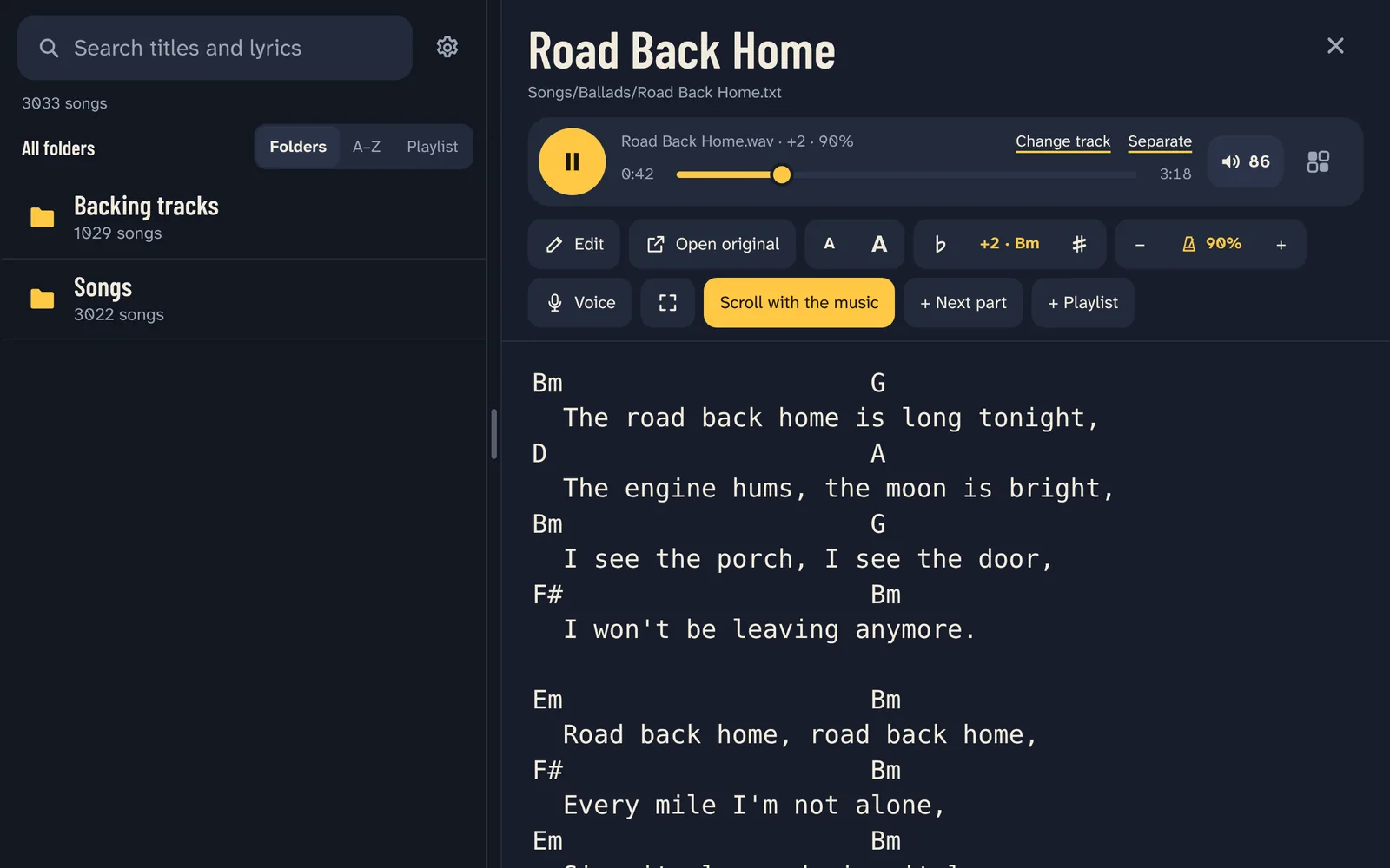A chord sheet two semitones higher, at 90% speed: the chords are rewritten in the new key.