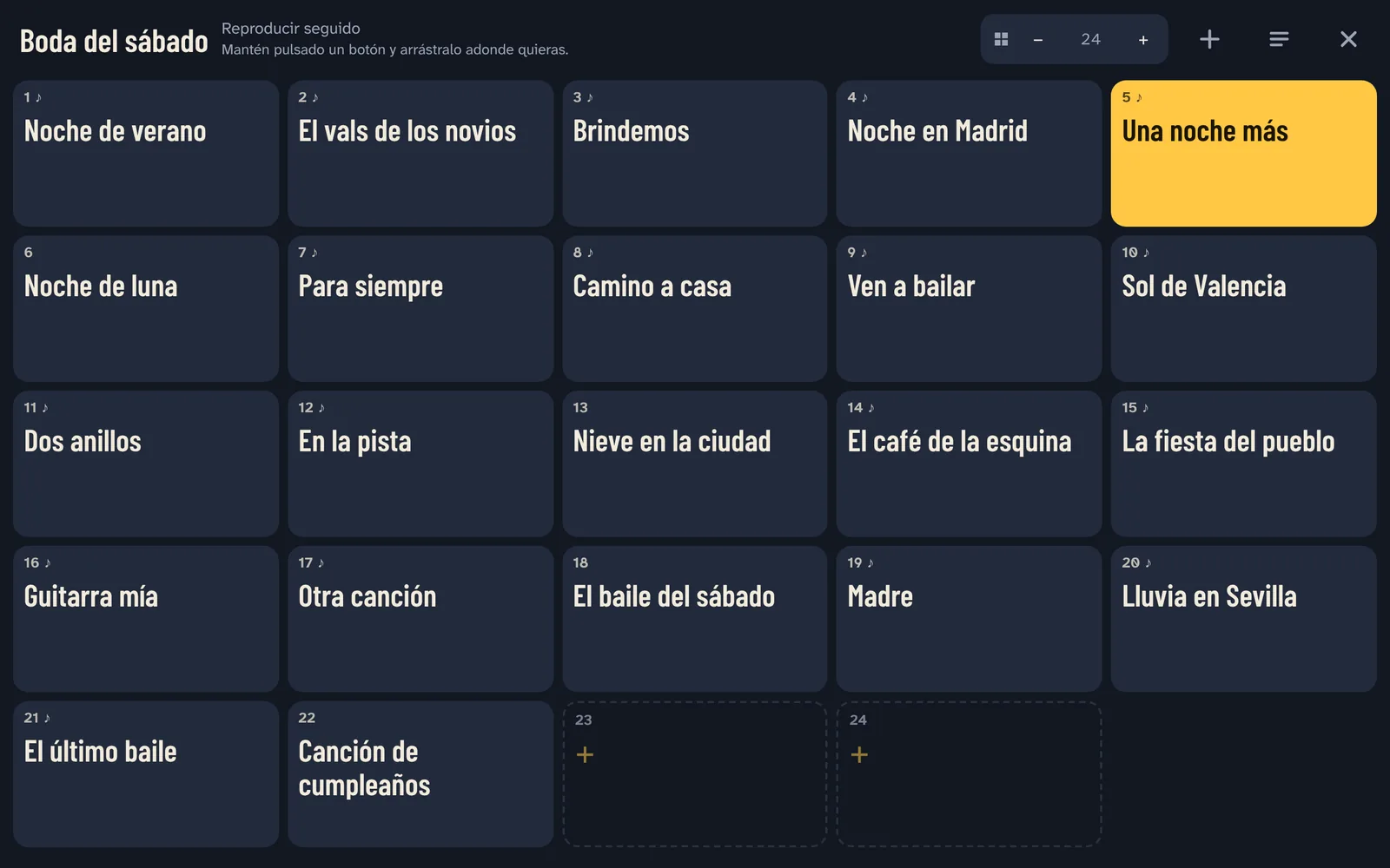 La lista de una boda en botones grandes, la canción que suena en amarillo.