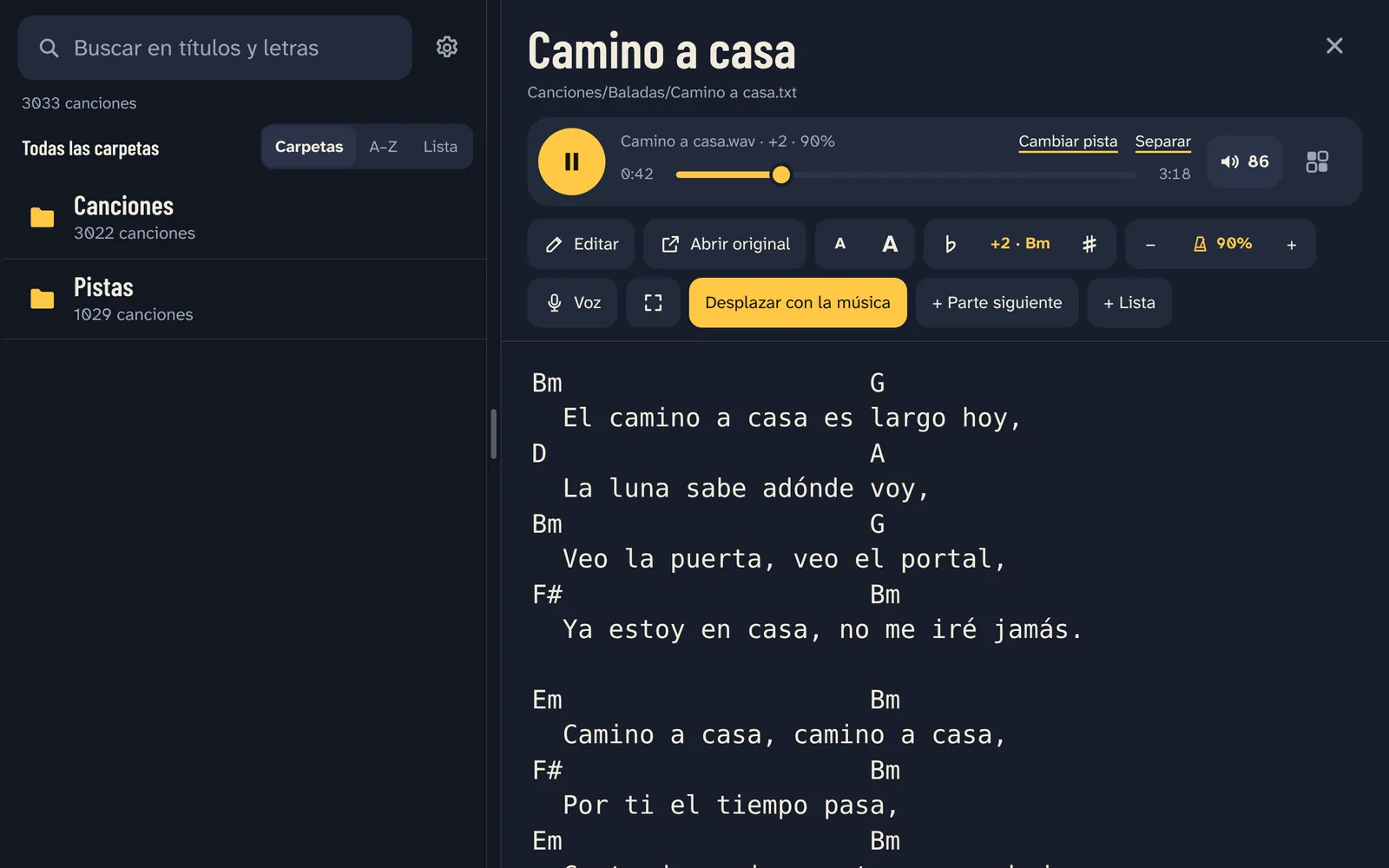 Una canción con acordes dos semitonos más arriba, al 90% de velocidad: los acordes se escriben en el tono nuevo.
