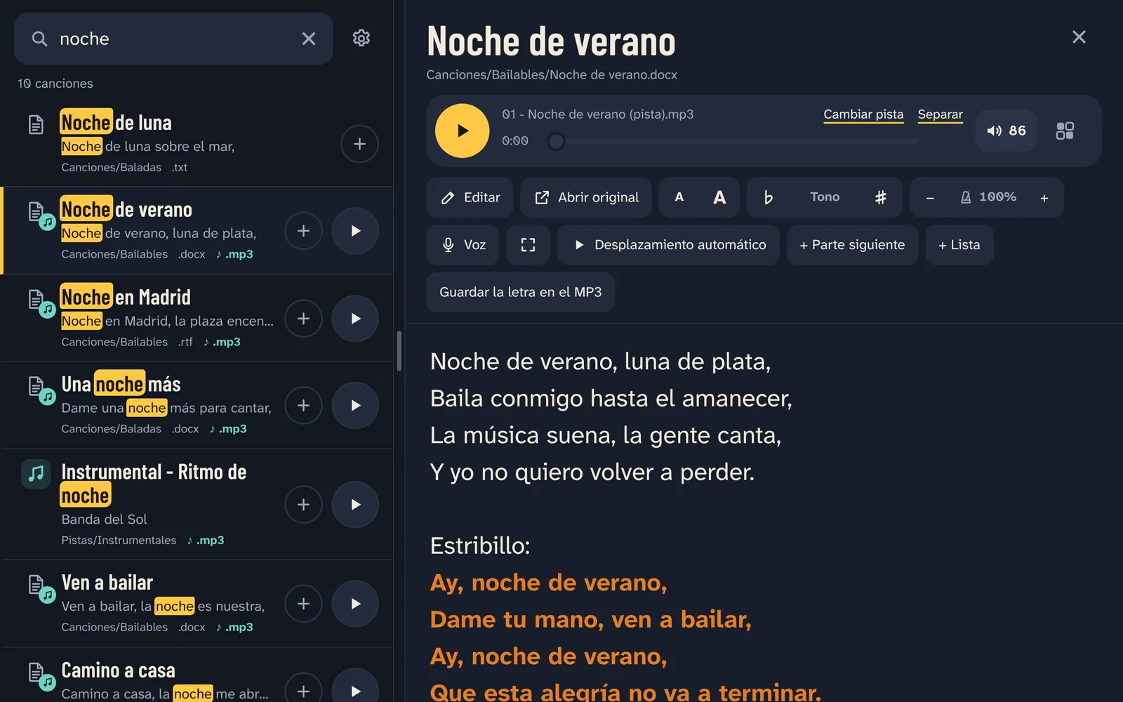 La búsqueda «noche» encuentra las canciones por título o por letra; la canción se abre junto a la lista.