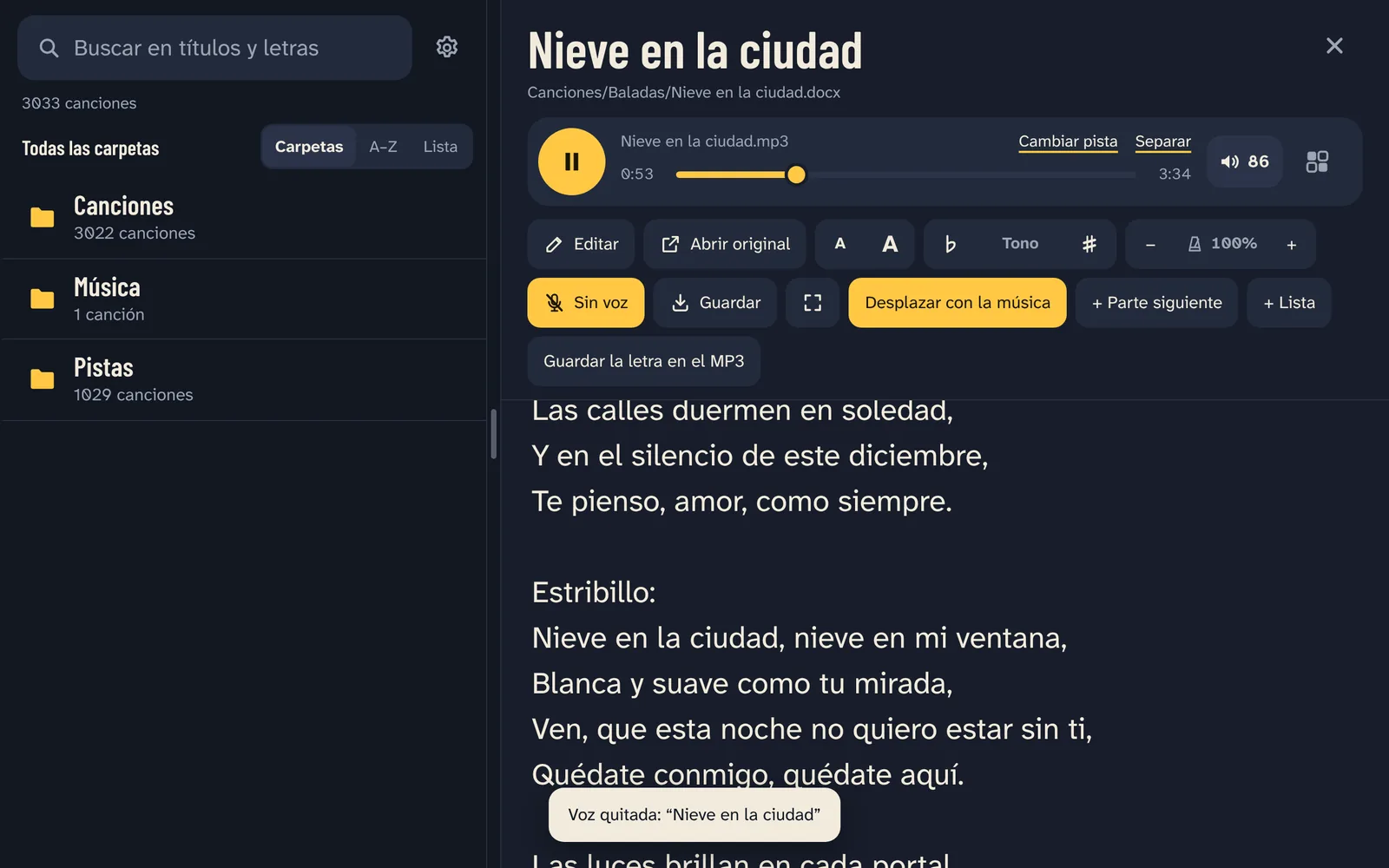 Sin voz está activado: la canción suena sin su cantante, y Guardar conserva una copia.