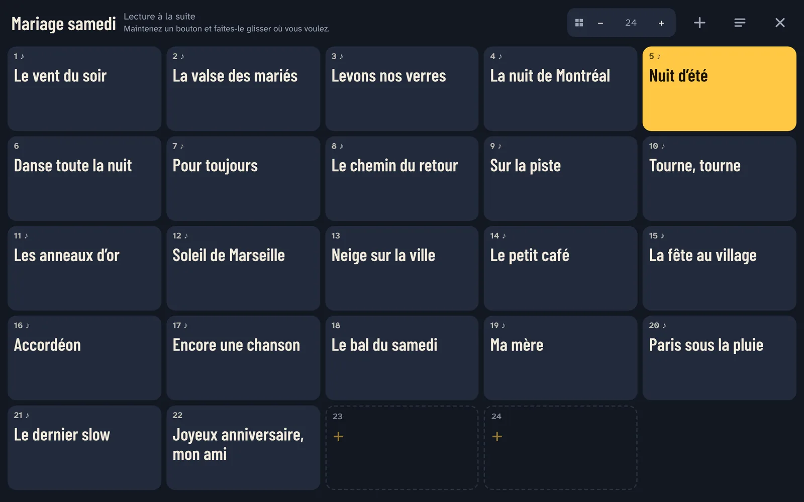 La playlist d’un mariage en grands boutons, la chanson qui joue en jaune.