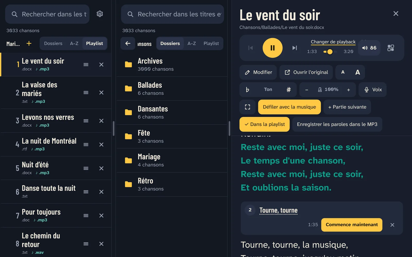 Deux listes côte à côte et un medley : la deuxième partie commence à 1 :35.