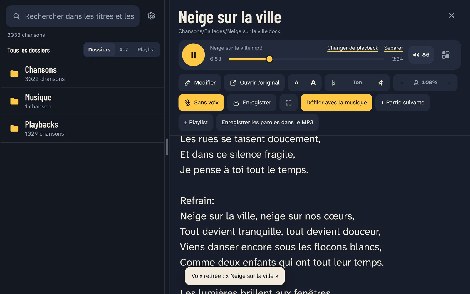 Sans voix est activé : la chanson joue sans son chanteur, et Enregistrer en garde une copie.