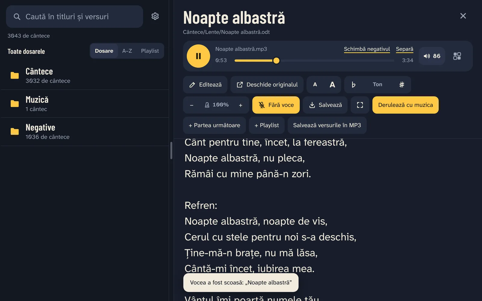 Fără voce e pornit: cântecul merge fără solist, iar Salvează păstrează o copie.